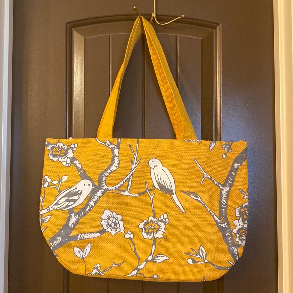 (150) NWT Yellow Tote Bag with White Birds and Flowers. By Thro. Canvas Like